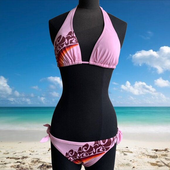 Billabong BLUE CRUSH era Vintage bikini pink print halter top set RARE - Picture 1 of 6